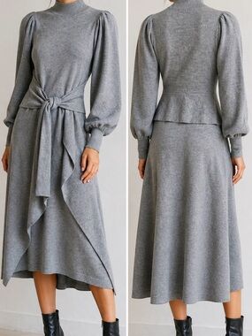 Ulla Johnson Gray Merino Wool Tie Waist Midi Dress Size S